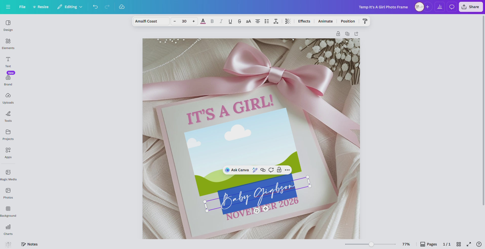 Digital Baby Girl Pregnancy Announcement, It’s A Girl, Gender Reveal, Customizable Personalized Editable Template
