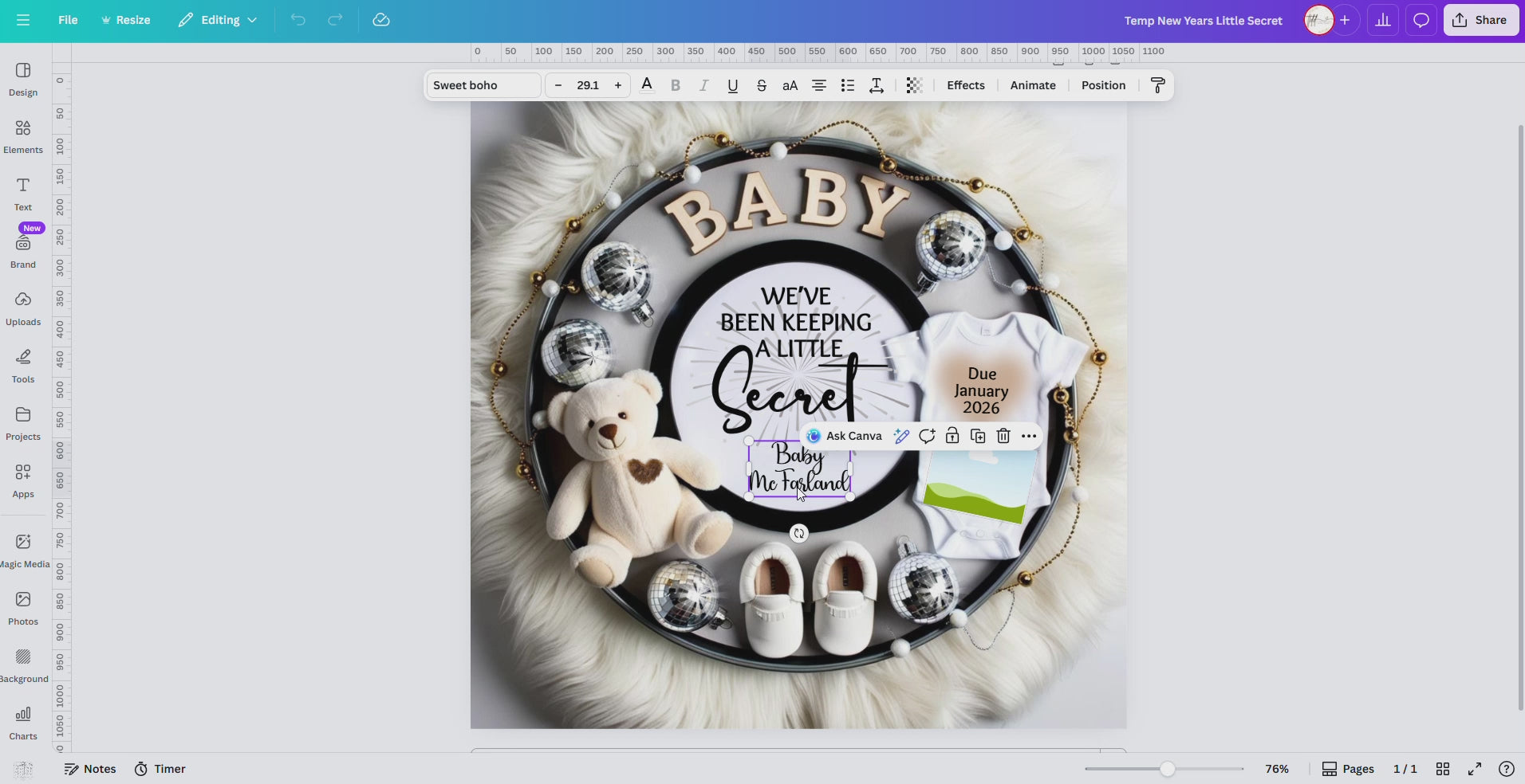 Digital Pregnancy Announcement, Little Secret Baby Reveal, Customizable New Years Themed, Personalized Editable Template